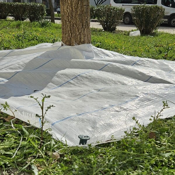 BEYAZ AĞAÇ KORUMA ÖRTÜSÜ VE SABİTLEME ÇİVİSİ YER ÖRTÜSÜ YABANİ OT ENGELLEME PASPASI AĞAÇ DİBİ BEZİ SULZER KUMAŞ