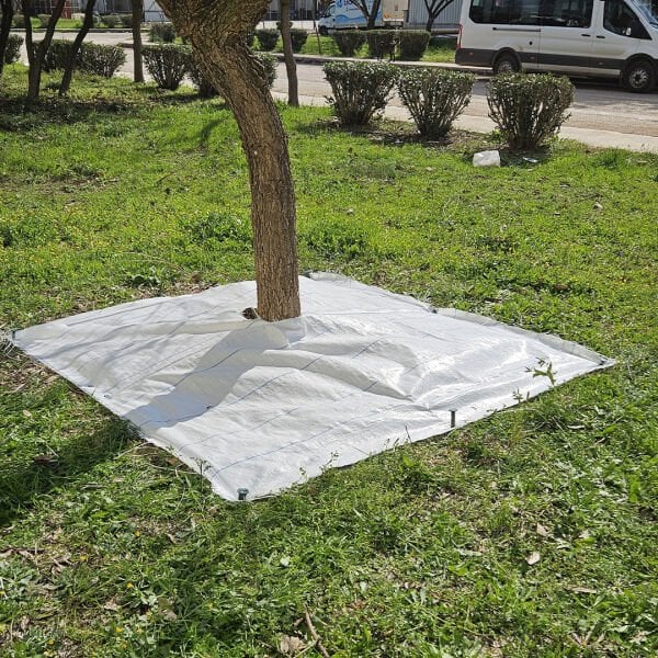 BEYAZ AĞAÇ KORUMA ÖRTÜSÜ VE SABİTLEME ÇİVİSİ YER ÖRTÜSÜ YABANİ OT ENGELLEME PASPASI AĞAÇ DİBİ BEZİ SULZER KUMAŞ