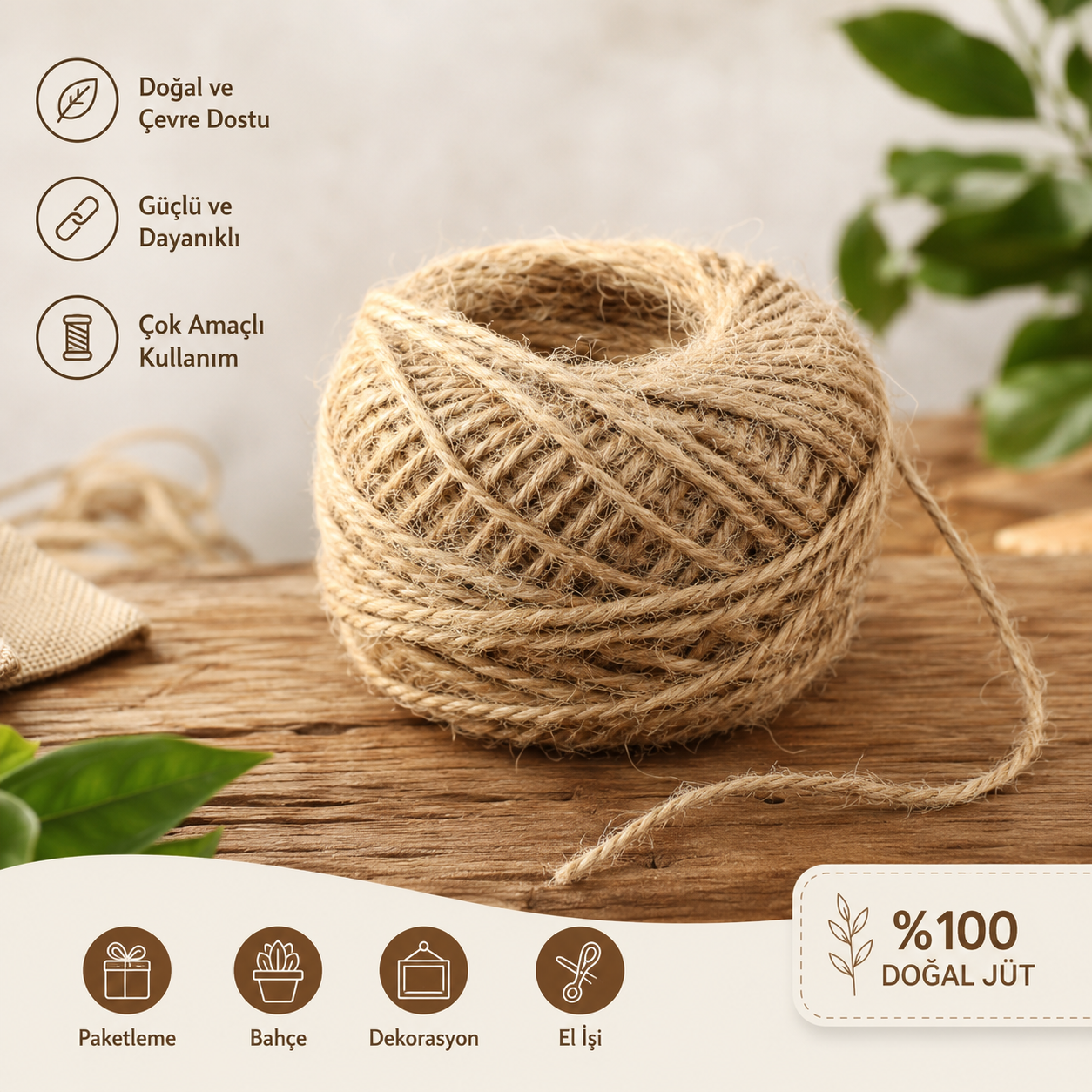 %100 Doğal Jüt İp 1 ADET 85 metre – Jüt Sicim, Kendir İp Görünümlü Dekoratif Halat – Makrome, Bahçe, Hobi ve Hediye Paketleme