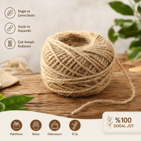 %100 Doğal Jüt İp 1 ADET 85 metre – Jüt Sicim, Kendir İp Görünümlü Dekoratif Halat – Makrome, Bahçe, Hobi ve Hediye Paketleme