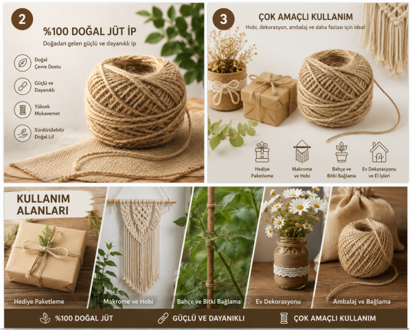 %100 Doğal Jüt İp 1 ADET 85 metre – Jüt Sicim, Kendir İp Görünümlü Dekoratif Halat – Makrome, Bahçe, Hobi ve Hediye Paketleme