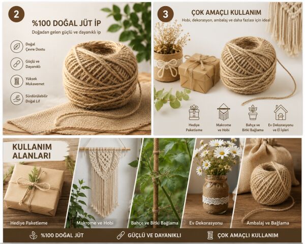 %100 Doğal Jüt İp 3 ADET 255 metre – Jüt Sicim, Kendir İp Görünümlü Dekoratif Halat – Makrome, Bahçe, Hobi ve Hediye Paketleme