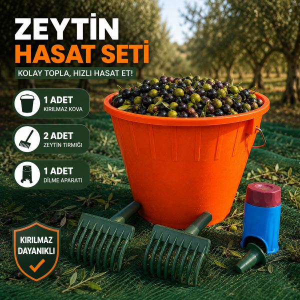 Zeytin Hasat Seti | 1 Kırılmaz Kova + 2 Zeytin Tırmığı + 1 Zeytin Dilme Aparatı